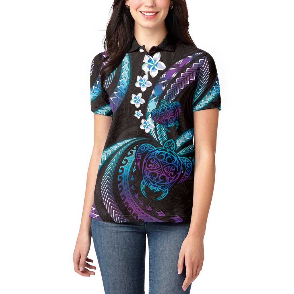 Hawaii Turtles Plumeria Women Polo Shirt Amethyst Gradient Polynesian Pattern LT01 - Polynesian Pride
