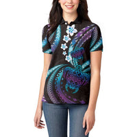 Hawaii Turtles Plumeria Women Polo Shirt Amethyst Gradient Polynesian Pattern LT01 - Polynesian Pride
