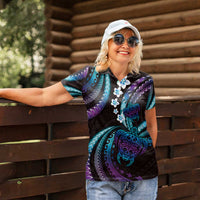 Hawaii Turtles Plumeria Women Polo Shirt Amethyst Gradient Polynesian Pattern LT01 - Polynesian Pride