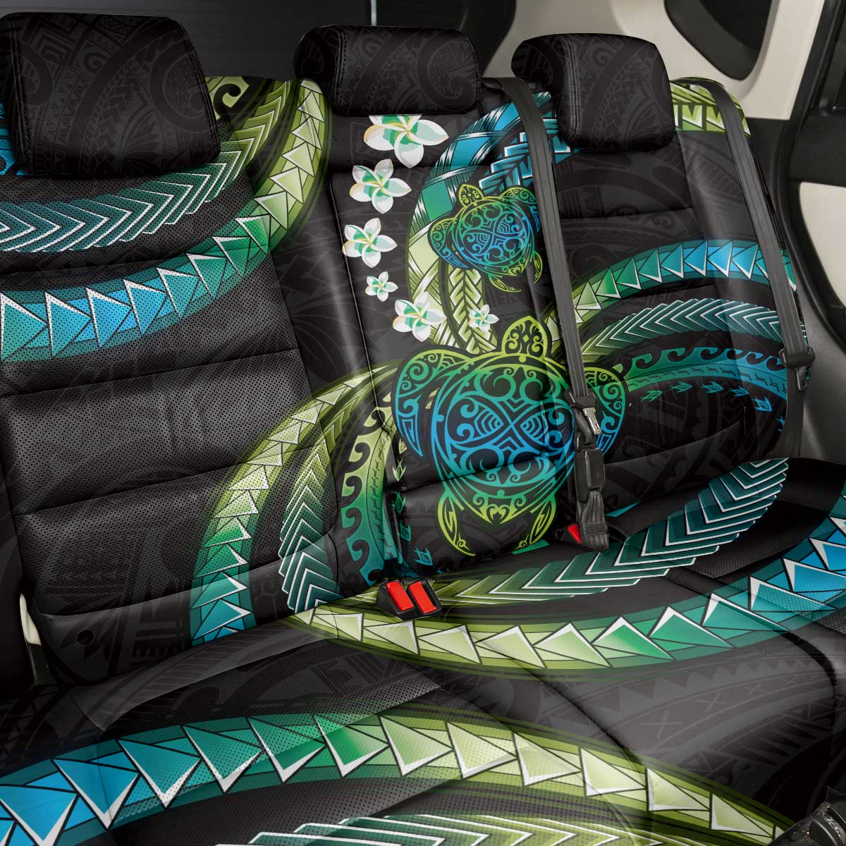 Hawaii Turtles Plumeria Back Car Seat Cover Chartreuse Cyan Polynesian Pattern LT01 - Polynesian Pride