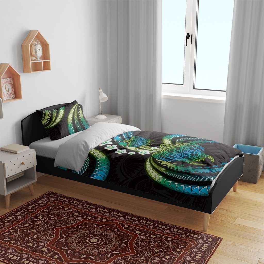 Hawaii Turtles Plumeria Bedding Set Chartreuse Cyan Polynesian Pattern