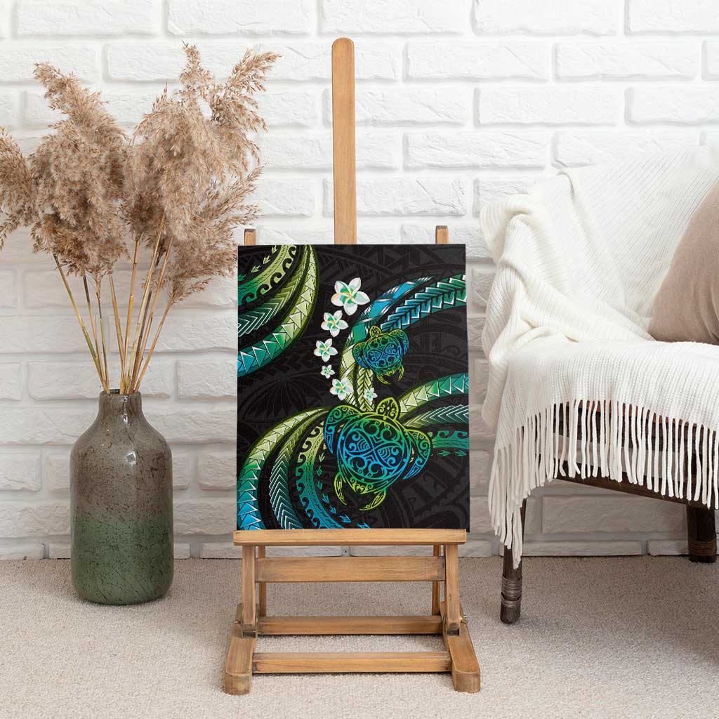 Hawaii Turtles Plumeria Canvas Wall Art Chartreuse Cyan Polynesian Pattern