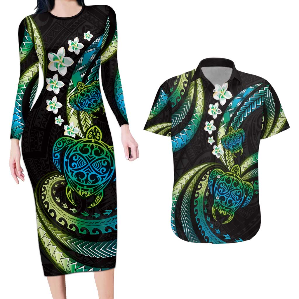 Hawaii Turtles Plumeria Couples Matching Long Sleeve Bodycon Dress and Hawaiian Shirt Chartreuse Cyan Polynesian Pattern