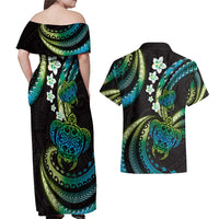 Hawaii Turtles Plumeria Couples Matching Off Shoulder Maxi Dress and Hawaiian Shirt Chartreuse Cyan Polynesian Pattern