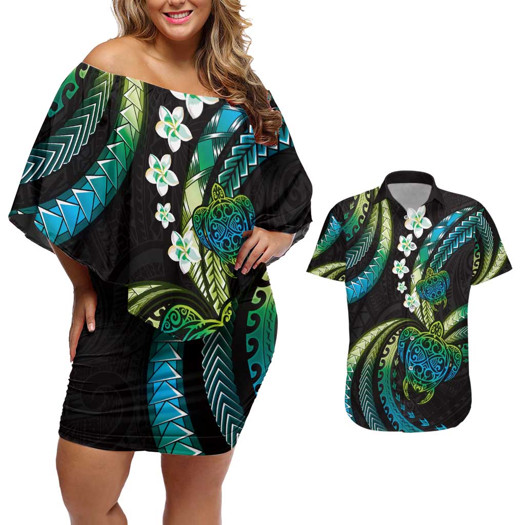 Hawaii Turtles Plumeria Couples Matching Off Shoulder Short Dress and Hawaiian Shirt Chartreuse Cyan Polynesian Pattern