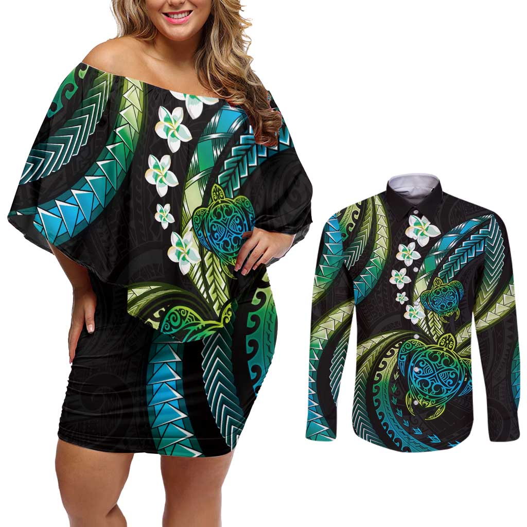 Hawaii Turtles Plumeria Couples Matching Off Shoulder Short Dress and Long Sleeve Button Shirt Chartreuse Cyan Polynesian Pattern