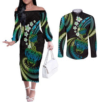 Hawaii Turtles Plumeria Couples Matching Off The Shoulder Long Sleeve Dress and Long Sleeve Button Shirt Chartreuse Cyan Polynesian Pattern