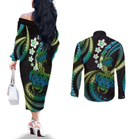 Hawaii Turtles Plumeria Couples Matching Off The Shoulder Long Sleeve Dress and Long Sleeve Button Shirt Chartreuse Cyan Polynesian Pattern