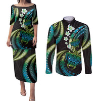 Hawaii Turtles Plumeria Couples Matching Puletasi and Long Sleeve Button Shirt Chartreuse Cyan Polynesian Pattern LT01 Cyan - Polynesian Pride