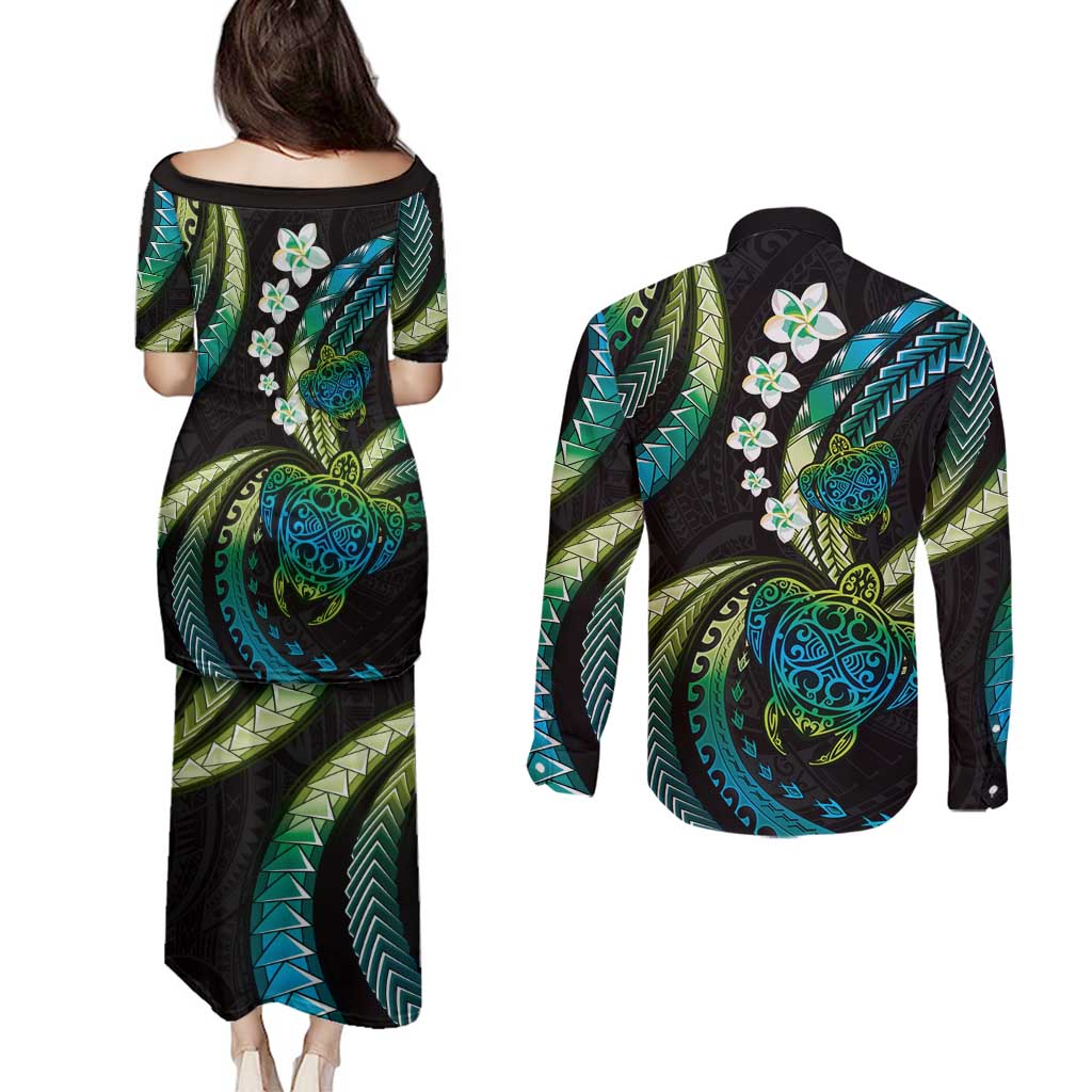 Hawaii Turtles Plumeria Couples Matching Puletasi and Long Sleeve Button Shirt Chartreuse Cyan Polynesian Pattern LT01 - Polynesian Pride