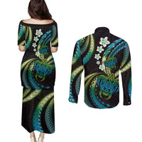 Hawaii Turtles Plumeria Couples Matching Puletasi and Long Sleeve Button Shirt Chartreuse Cyan Polynesian Pattern LT01 - Polynesian Pride