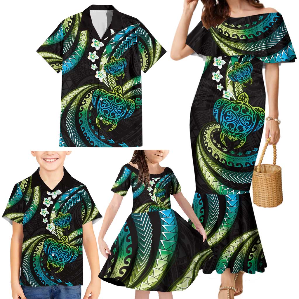 Hawaii Turtles Plumeria Family Matching Mermaid Dress and Hawaiian Shirt Chartreuse Cyan Polynesian Pattern LT01 - Polynesian Pride