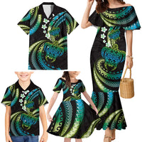Hawaii Turtles Plumeria Family Matching Mermaid Dress and Hawaiian Shirt Chartreuse Cyan Polynesian Pattern LT01 - Polynesian Pride