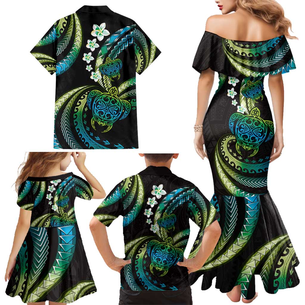 Hawaii Turtles Plumeria Family Matching Mermaid Dress and Hawaiian Shirt Chartreuse Cyan Polynesian Pattern LT01 - Polynesian Pride