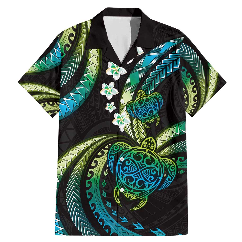 Hawaii Turtles Plumeria Family Matching Mermaid Dress and Hawaiian Shirt Chartreuse Cyan Polynesian Pattern LT01 Dad's Shirt - Short Sleeve Cyan - Polynesian Pride