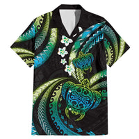 Hawaii Turtles Plumeria Family Matching Mermaid Dress and Hawaiian Shirt Chartreuse Cyan Polynesian Pattern LT01 Dad's Shirt - Short Sleeve Cyan - Polynesian Pride