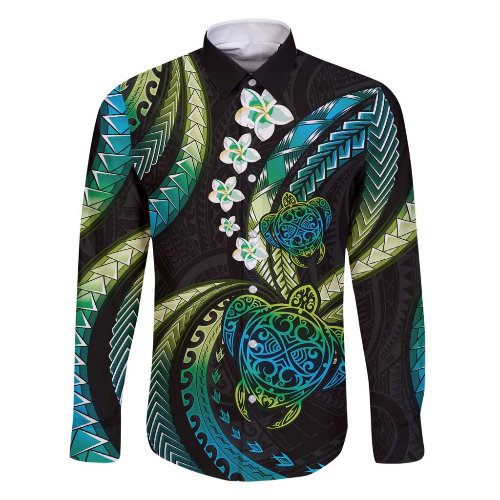 Hawaii Turtles Plumeria Family Matching Mermaid Dress and Hawaiian Shirt Chartreuse Cyan Polynesian Pattern LT01 Dad's Shirt - Long Sleeve Cyan - Polynesian Pride
