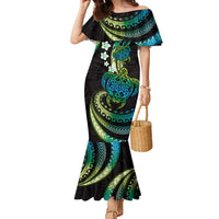 Hawaii Turtles Plumeria Family Matching Mermaid Dress and Hawaiian Shirt Chartreuse Cyan Polynesian Pattern LT01 Mom's Dress Cyan - Polynesian Pride