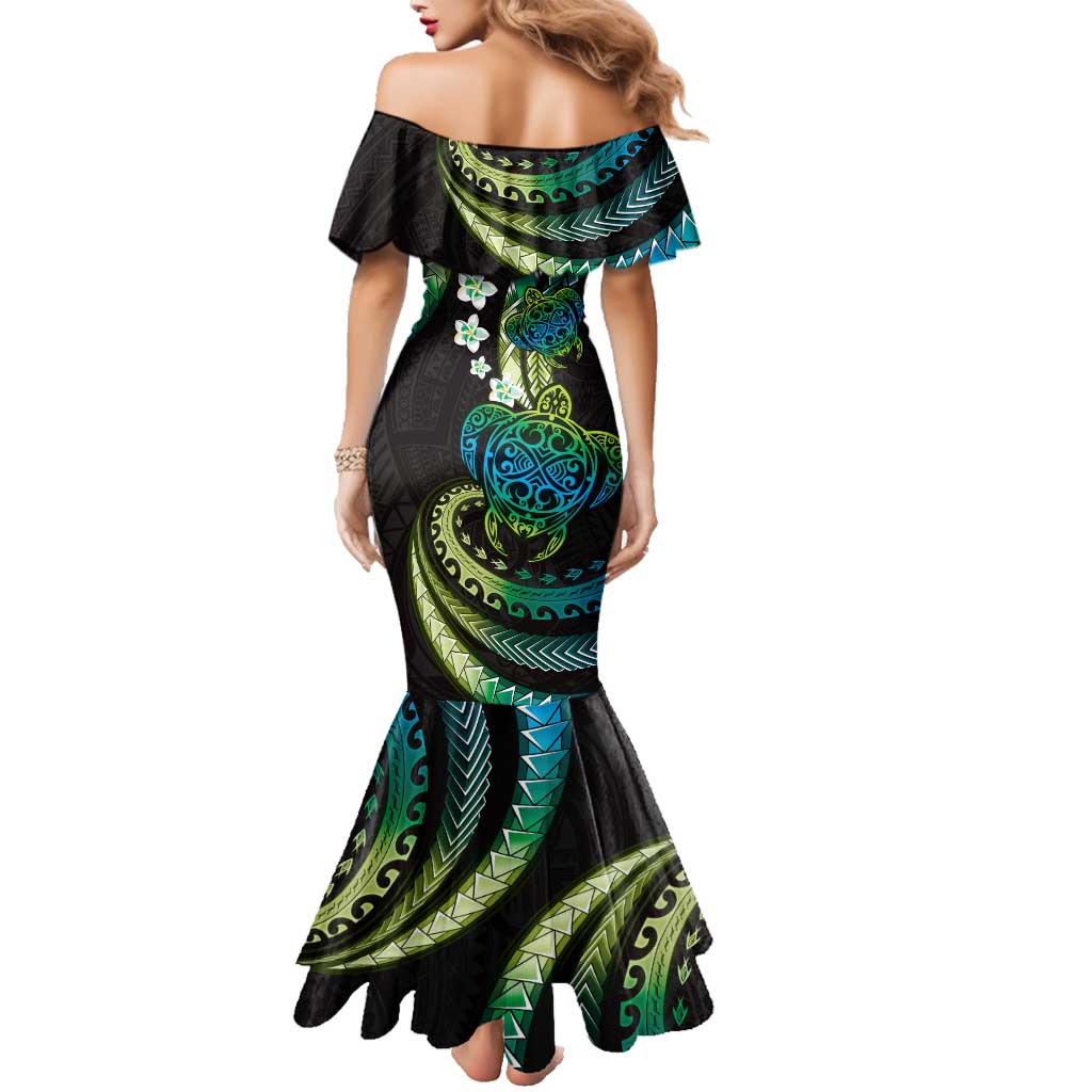 Hawaii Turtles Plumeria Family Matching Mermaid Dress and Hawaiian Shirt Chartreuse Cyan Polynesian Pattern LT01 - Polynesian Pride