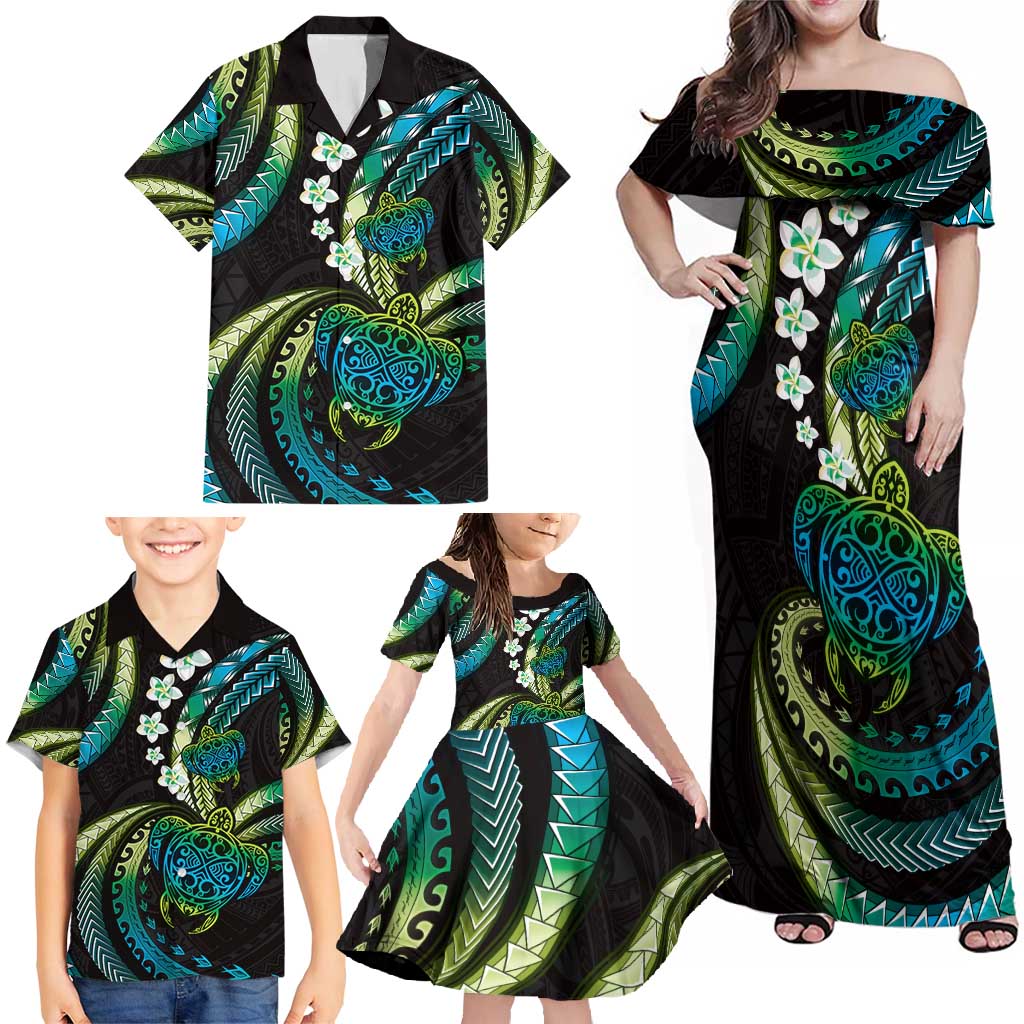 Hawaii Turtles Plumeria Family Matching Off Shoulder Maxi Dress and Hawaiian Shirt Chartreuse Cyan Polynesian Pattern LT01 - Polynesian Pride