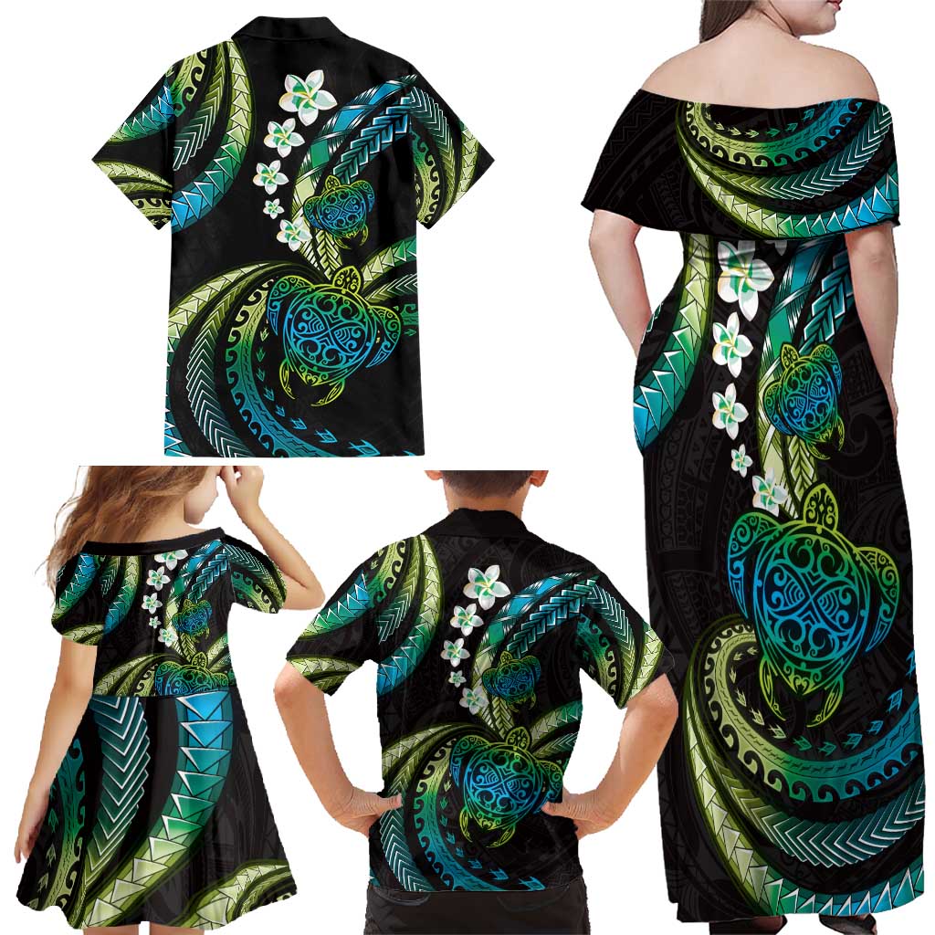 Hawaii Turtles Plumeria Family Matching Off Shoulder Maxi Dress and Hawaiian Shirt Chartreuse Cyan Polynesian Pattern LT01 - Polynesian Pride