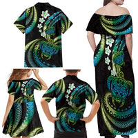 Hawaii Turtles Plumeria Family Matching Off Shoulder Maxi Dress and Hawaiian Shirt Chartreuse Cyan Polynesian Pattern LT01 - Polynesian Pride
