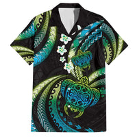 Hawaii Turtles Plumeria Family Matching Off Shoulder Maxi Dress and Hawaiian Shirt Chartreuse Cyan Polynesian Pattern LT01 Dad's Shirt - Short Sleeve Cyan - Polynesian Pride