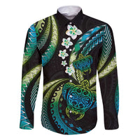 Hawaii Turtles Plumeria Family Matching Off Shoulder Maxi Dress and Hawaiian Shirt Chartreuse Cyan Polynesian Pattern LT01 Dad's Shirt - Long Sleeve Cyan - Polynesian Pride