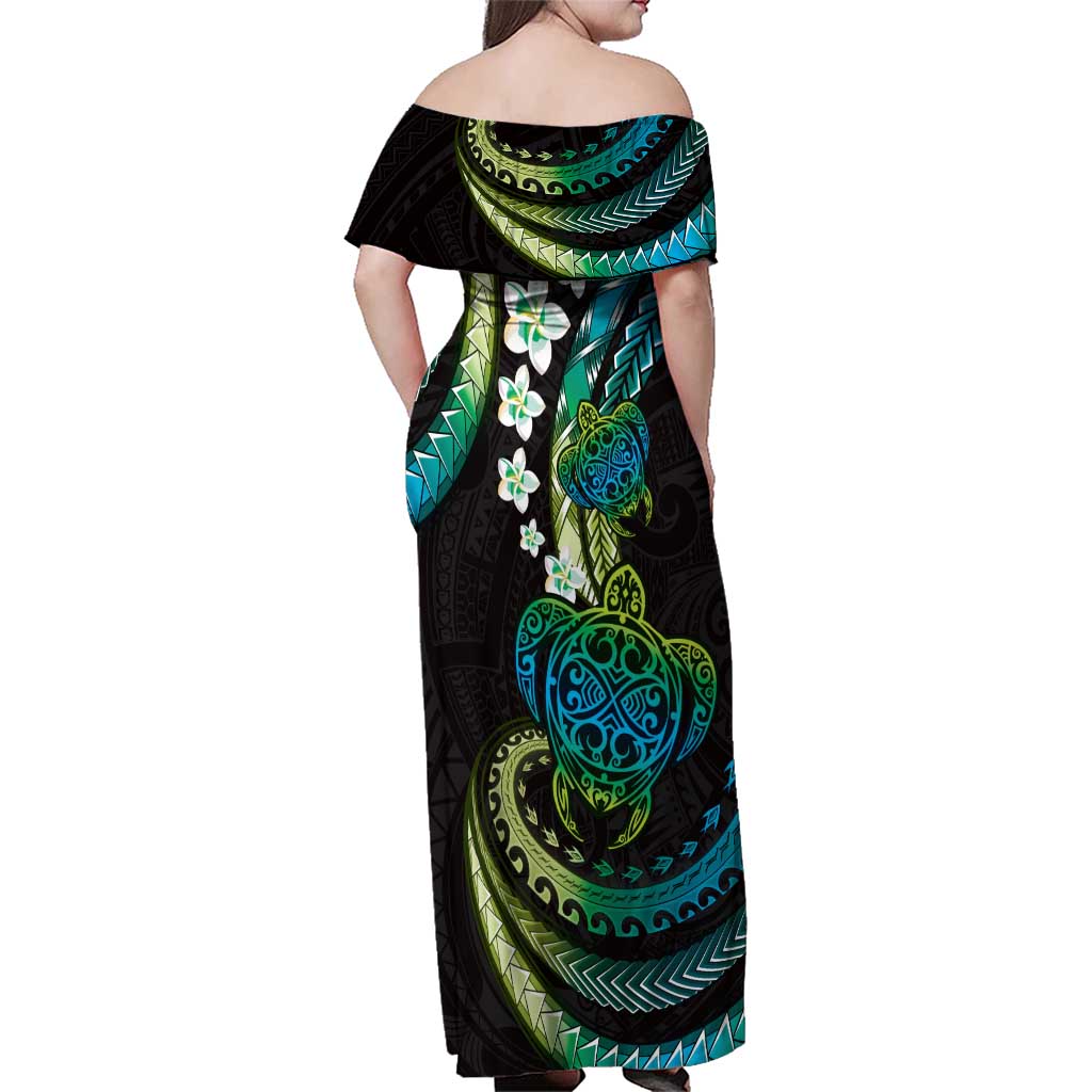 Hawaii Turtles Plumeria Family Matching Off Shoulder Maxi Dress and Hawaiian Shirt Chartreuse Cyan Polynesian Pattern LT01 - Polynesian Pride