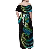 Hawaii Turtles Plumeria Family Matching Off Shoulder Maxi Dress and Hawaiian Shirt Chartreuse Cyan Polynesian Pattern LT01 - Polynesian Pride