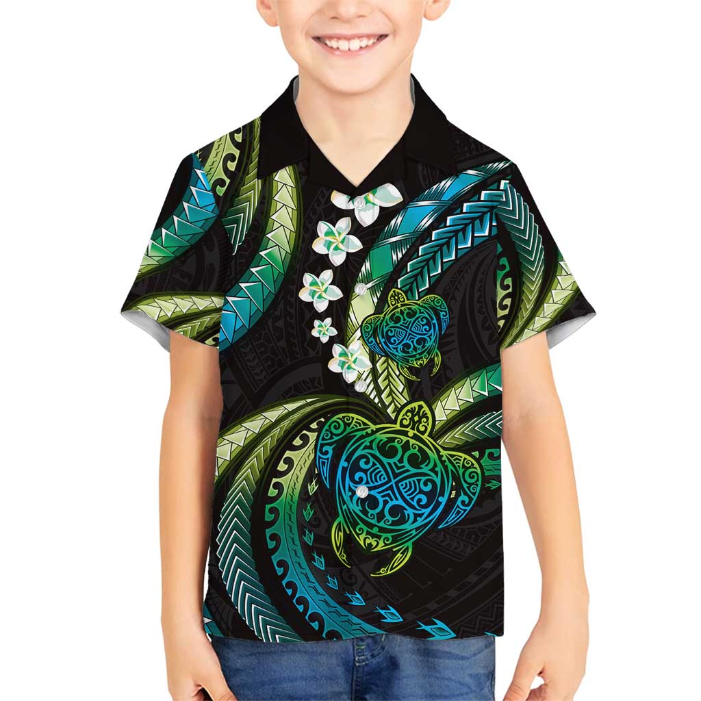 Hawaii Turtles Plumeria Family Matching Off Shoulder Maxi Dress and Hawaiian Shirt Chartreuse Cyan Polynesian Pattern LT01 Son's Shirt Cyan - Polynesian Pride