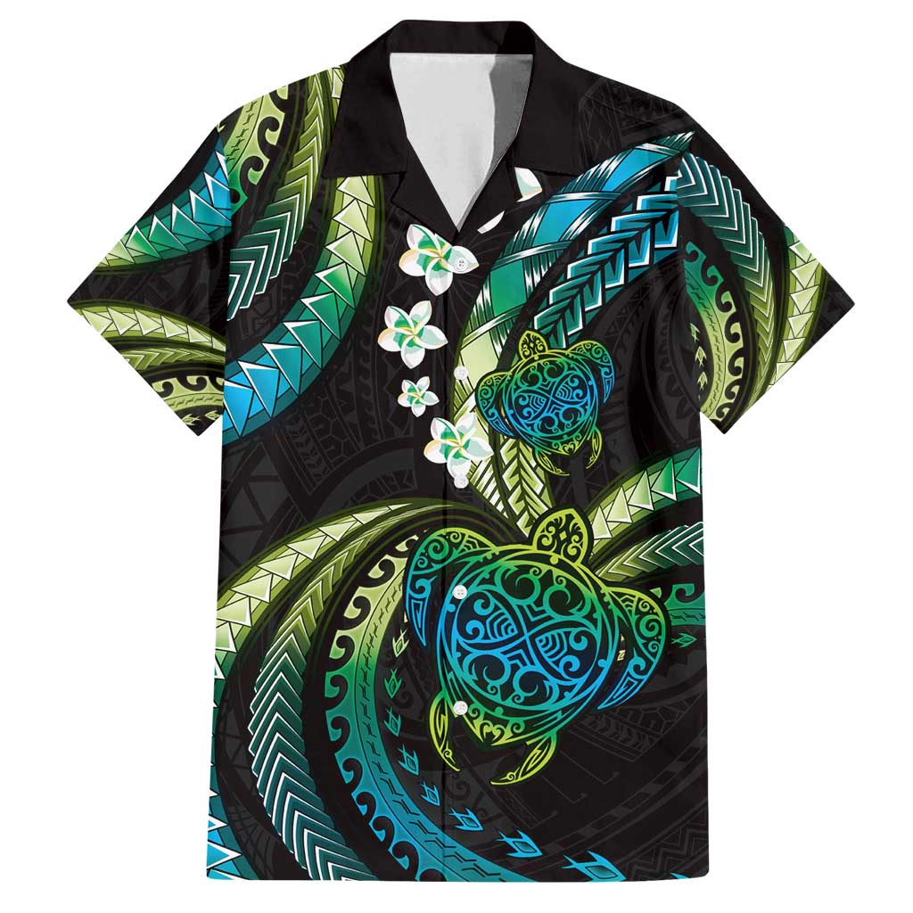 Hawaii Turtles Plumeria Family Matching Off Shoulder Short Dress and Hawaiian Shirt Chartreuse Cyan Polynesian Pattern