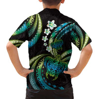 Hawaii Turtles Plumeria Family Matching Puletasi and Hawaiian Shirt Chartreuse Cyan Polynesian Pattern LT01 - Polynesian Pride