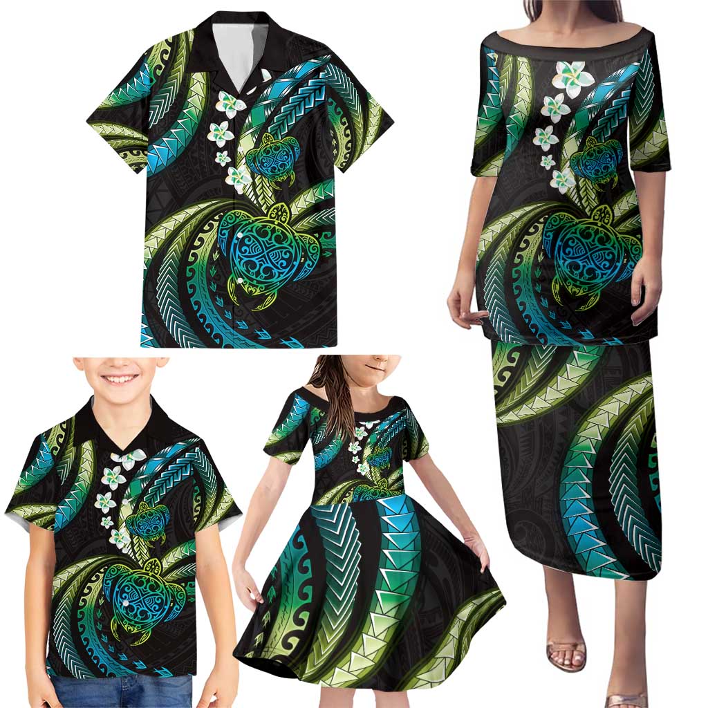 Hawaii Turtles Plumeria Family Matching Puletasi and Hawaiian Shirt Chartreuse Cyan Polynesian Pattern LT01 - Polynesian Pride