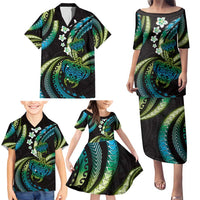 Hawaii Turtles Plumeria Family Matching Puletasi and Hawaiian Shirt Chartreuse Cyan Polynesian Pattern LT01 - Polynesian Pride