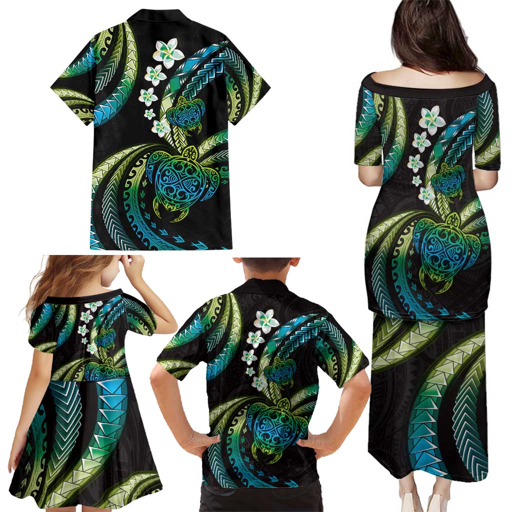 Hawaii Turtles Plumeria Family Matching Puletasi and Hawaiian Shirt Chartreuse Cyan Polynesian Pattern LT01 - Polynesian Pride