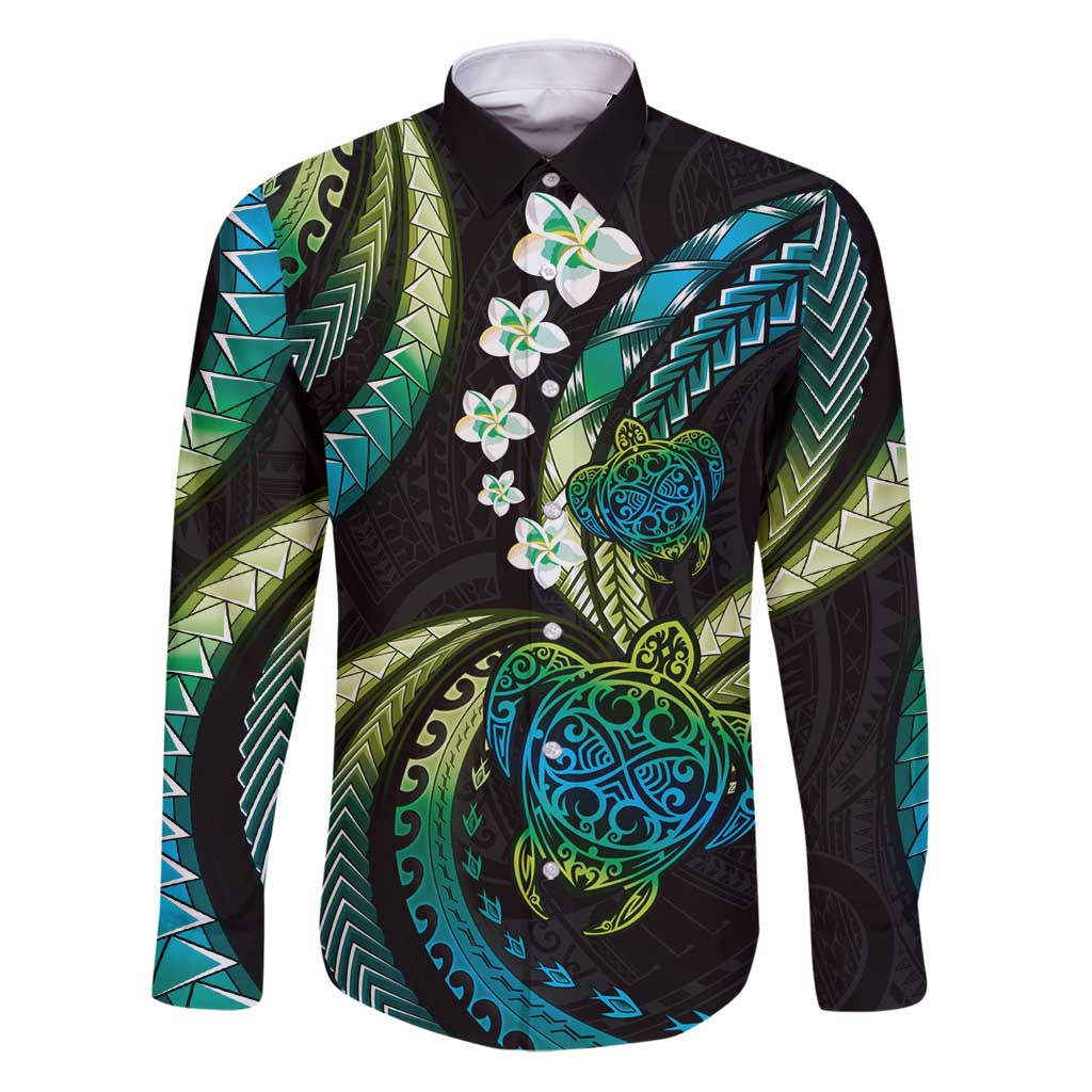 Hawaii Turtles Plumeria Family Matching Puletasi and Hawaiian Shirt Chartreuse Cyan Polynesian Pattern LT01 Dad's Shirt - Long Sleeve Cyan - Polynesian Pride