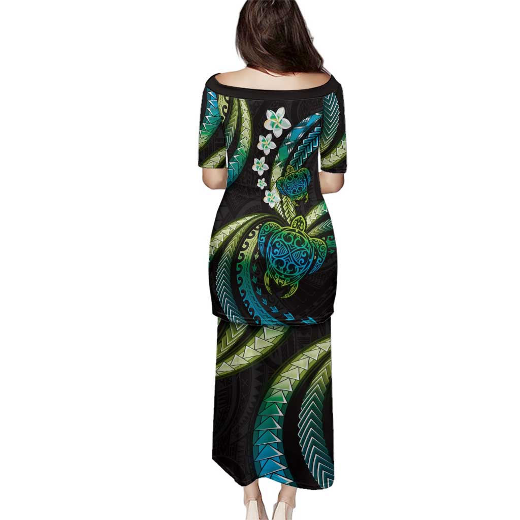 Hawaii Turtles Plumeria Family Matching Puletasi and Hawaiian Shirt Chartreuse Cyan Polynesian Pattern LT01 - Polynesian Pride