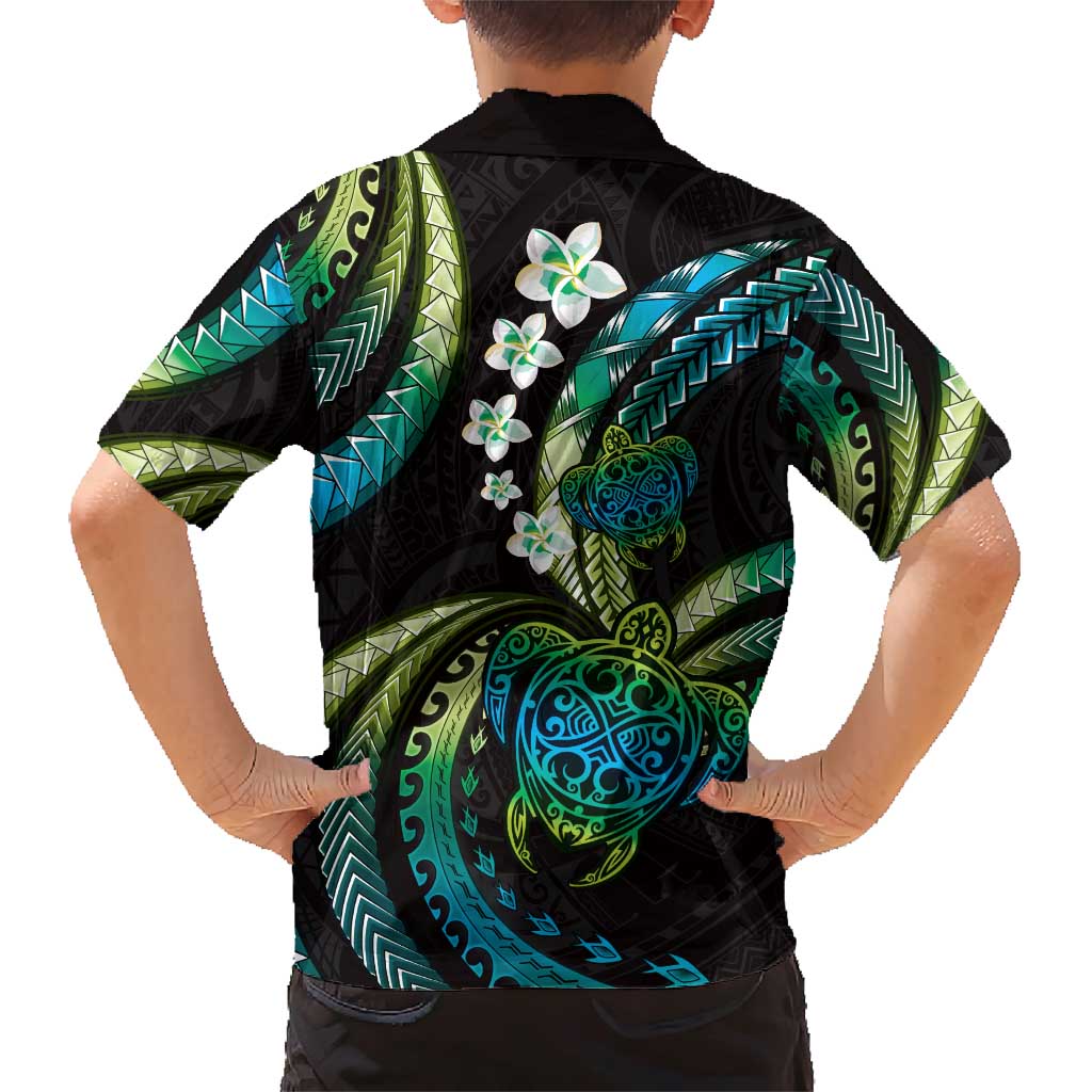 Hawaii Turtles Plumeria Family Matching Short Sleeve Bodycon Dress and Hawaiian Shirt Chartreuse Cyan Polynesian Pattern