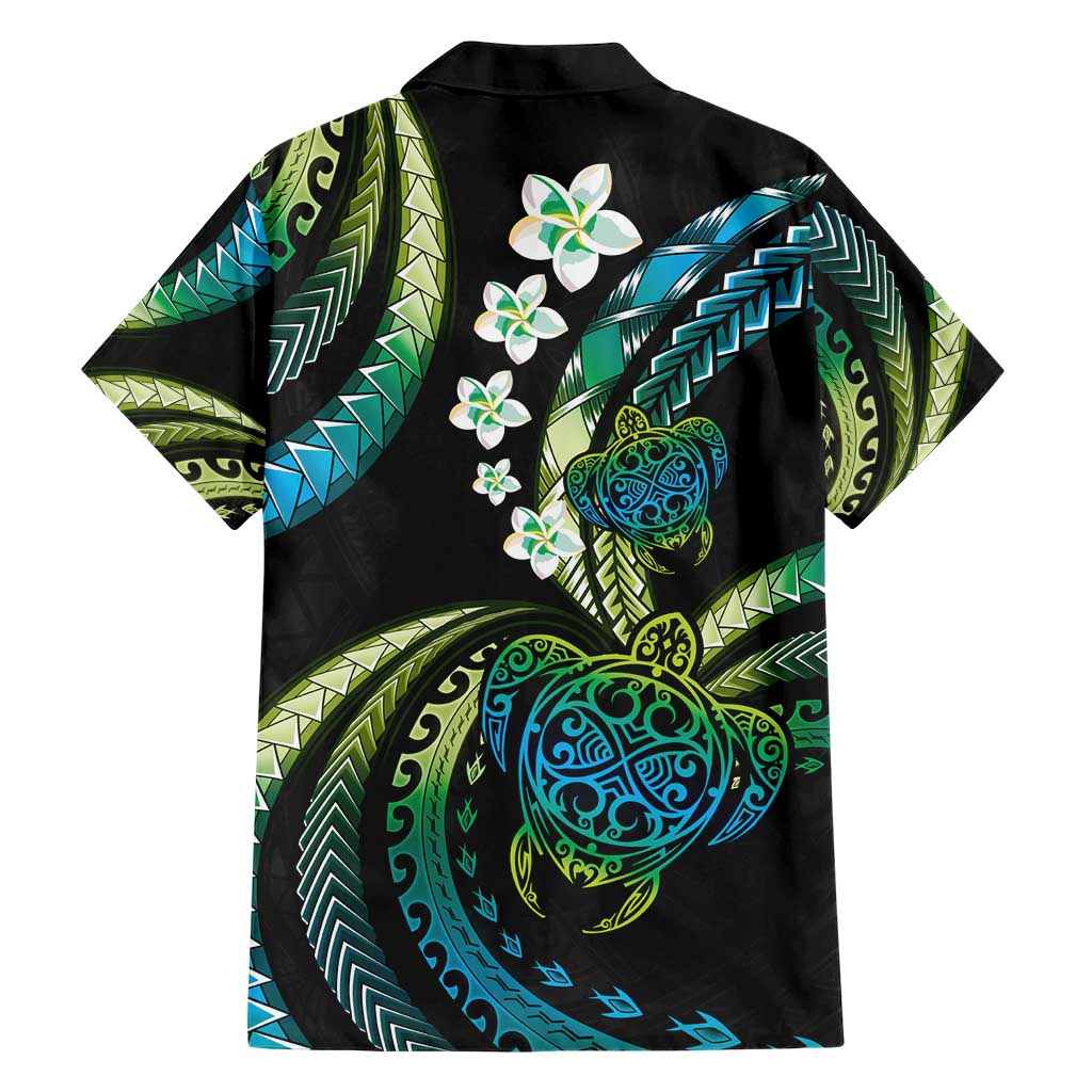 Hawaii Turtles Plumeria Family Matching Short Sleeve Bodycon Dress and Hawaiian Shirt Chartreuse Cyan Polynesian Pattern