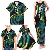 Hawaii Turtles Plumeria Family Matching Tank Maxi Dress and Hawaiian Shirt Chartreuse Cyan Polynesian Pattern