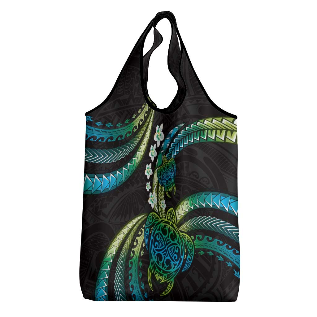 Hawaii Turtles Plumeria Grocery Bag Chartreuse Cyan Polynesian Pattern