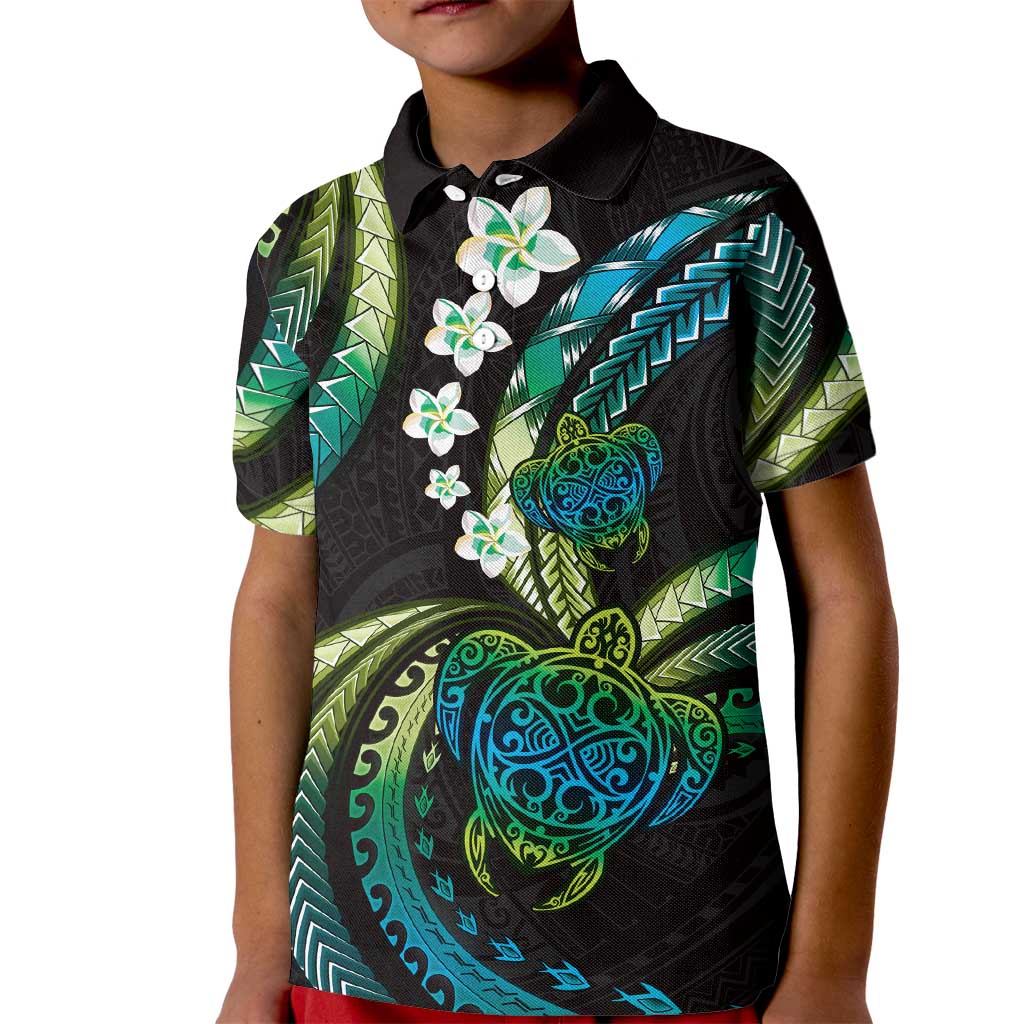 Hawaii Turtles Plumeria Kid Polo Shirt Chartreuse Cyan Polynesian Pattern LT01 Kid Cyan - Polynesian Pride