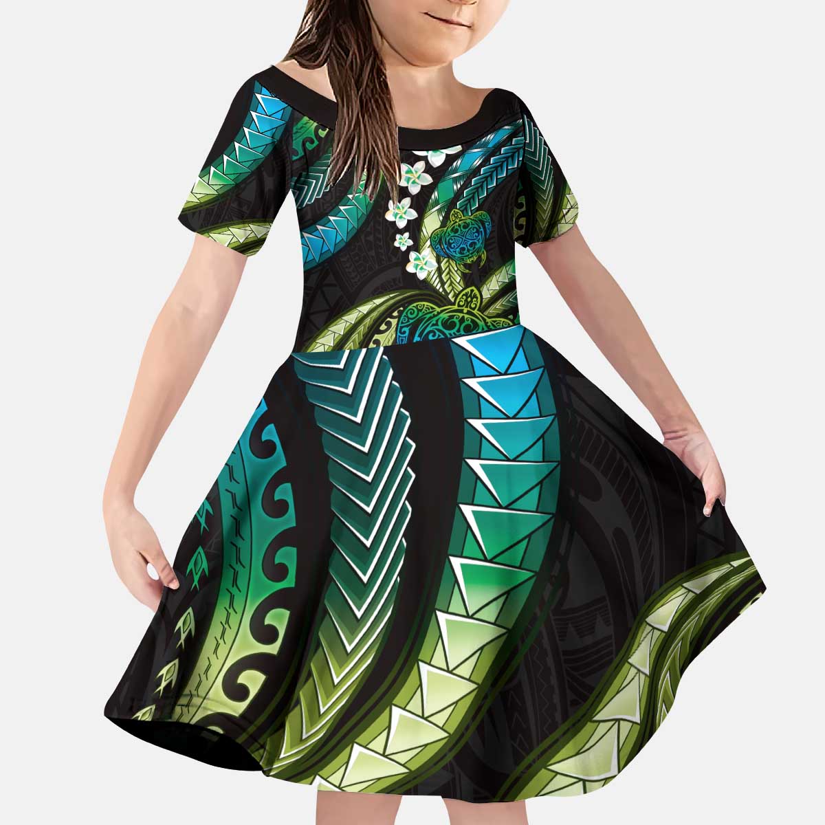 Hawaii Turtles Plumeria Kid Short Sleeve Dress Chartreuse Cyan Polynesian Pattern LT01 KID Cyan - Polynesian Pride