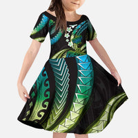 Hawaii Turtles Plumeria Kid Short Sleeve Dress Chartreuse Cyan Polynesian Pattern LT01 KID Cyan - Polynesian Pride