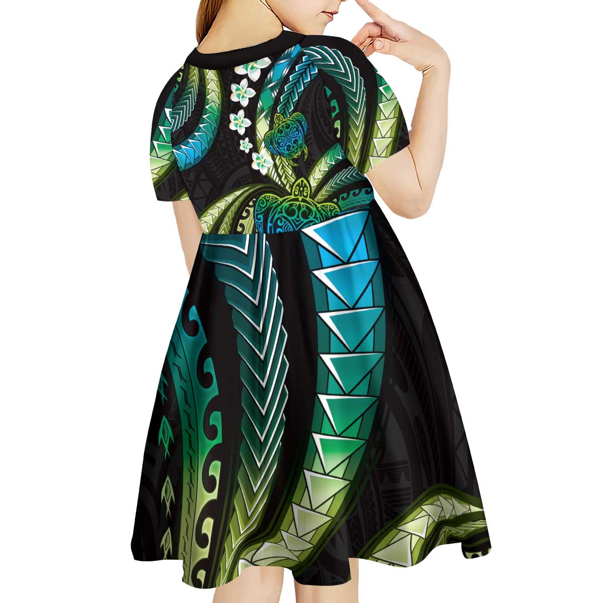 Hawaii Turtles Plumeria Kid Short Sleeve Dress Chartreuse Cyan Polynesian Pattern LT01 - Polynesian Pride