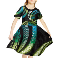 Hawaii Turtles Plumeria Kid Short Sleeve Dress Chartreuse Cyan Polynesian Pattern LT01 - Polynesian Pride