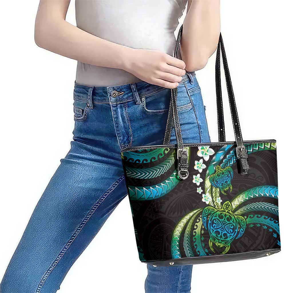 Hawaii Turtles Plumeria Leather Tote Bag Chartreuse Cyan Polynesian Pattern