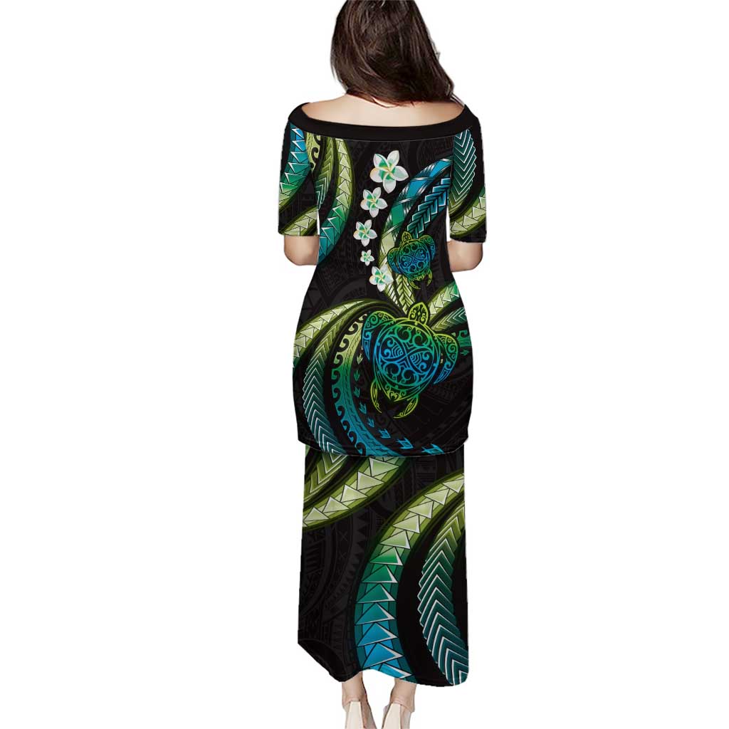 Hawaii Turtles Plumeria Puletasi Chartreuse Cyan Polynesian Pattern