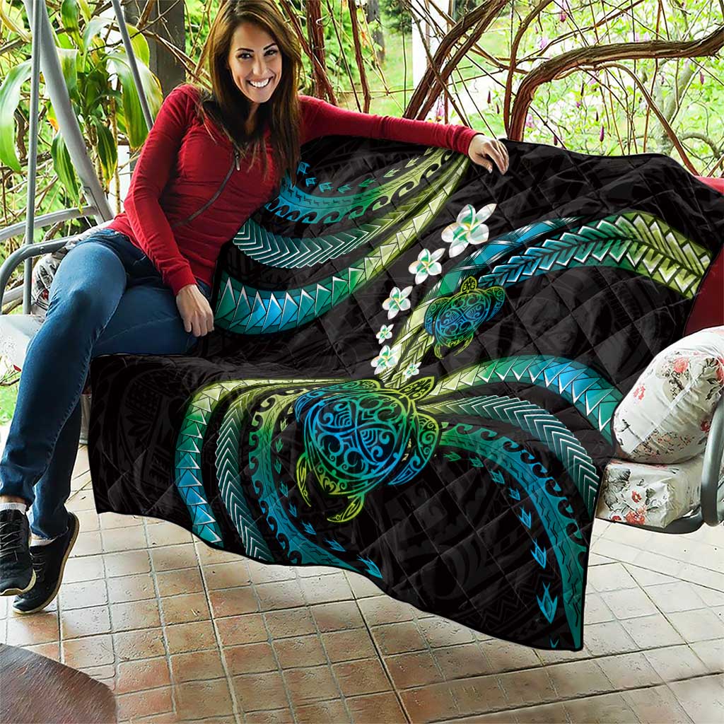 Hawaii Turtles Plumeria Quilt Chartreuse Cyan Polynesian Pattern